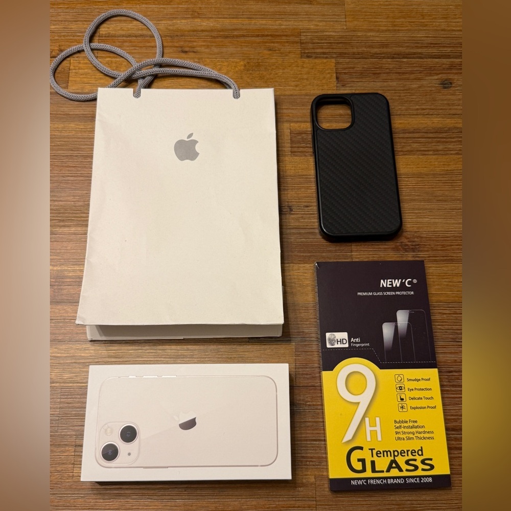 Apple iPhone 13 mini box, case, and screen protector